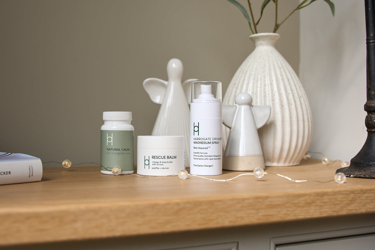 Harrogate Organics products displayed on a shelf. 