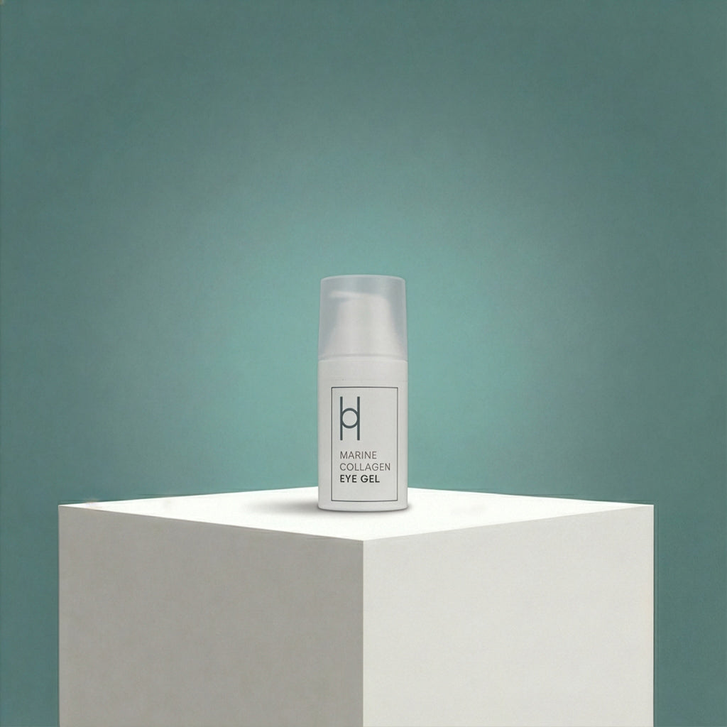 A 30ml bottle of Marine Collagen Eye Gel with Hyaluronic Acid, Avocado Oil, and Green Tea Extract sits on a white pedestal against a teal gradient background. The sleek white packaging targets dark circles and under-eye concerns.