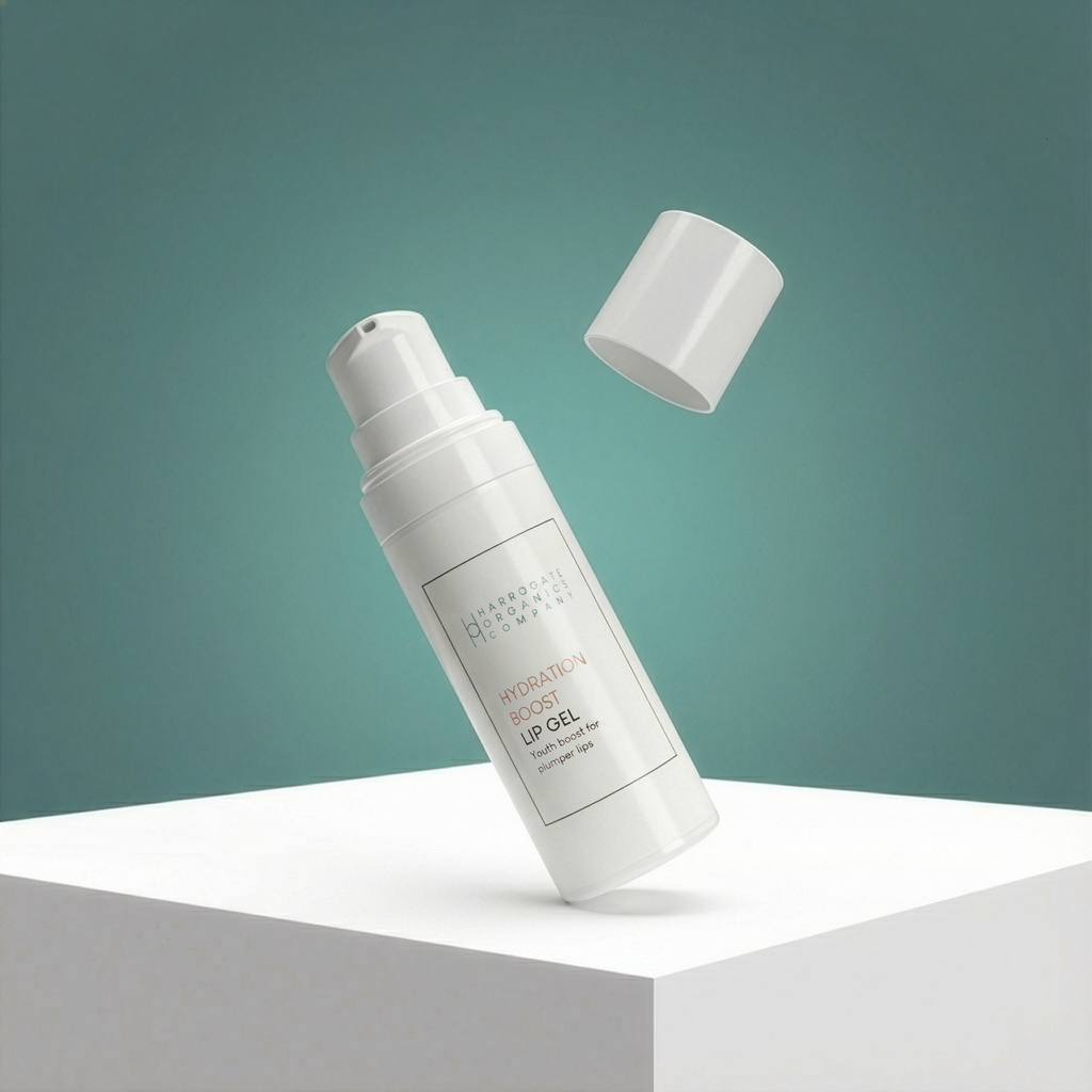 A white bottle labeled Hydration Boost Lip Gel | Fuller, Hydrated Lips | 10ml stands on a white platform with its cap floating above, set against a teal background.