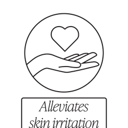 A simple line drawing of a hand holding a heart inside a circle, with the text Alleviates skin irritation displayed below in a rectangular box.