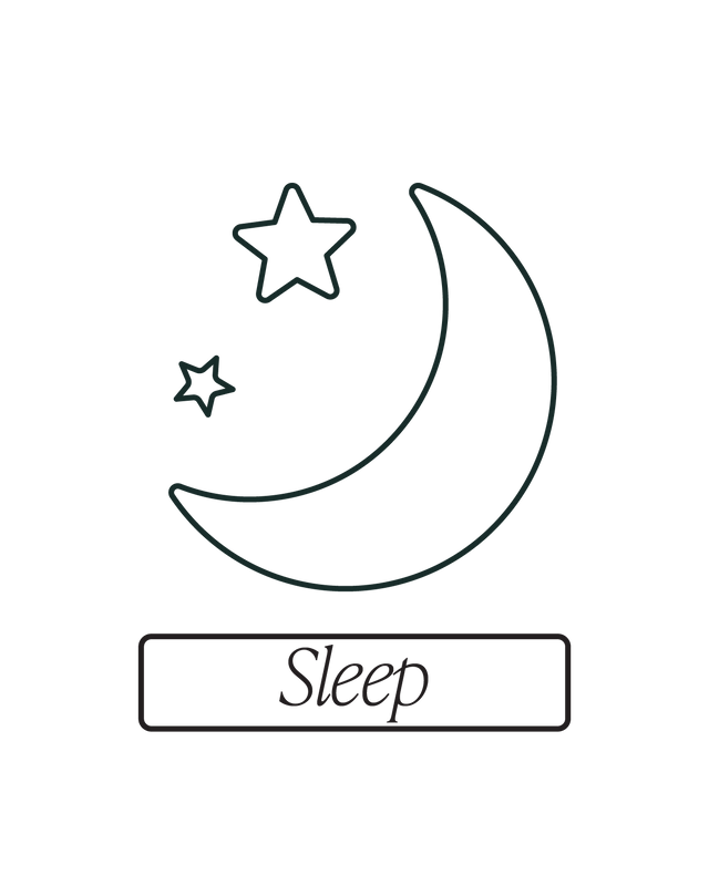 A simple line drawing of a crescent moon and two stars above a rectangle with the word Sleep written inside it. The background is plain white.