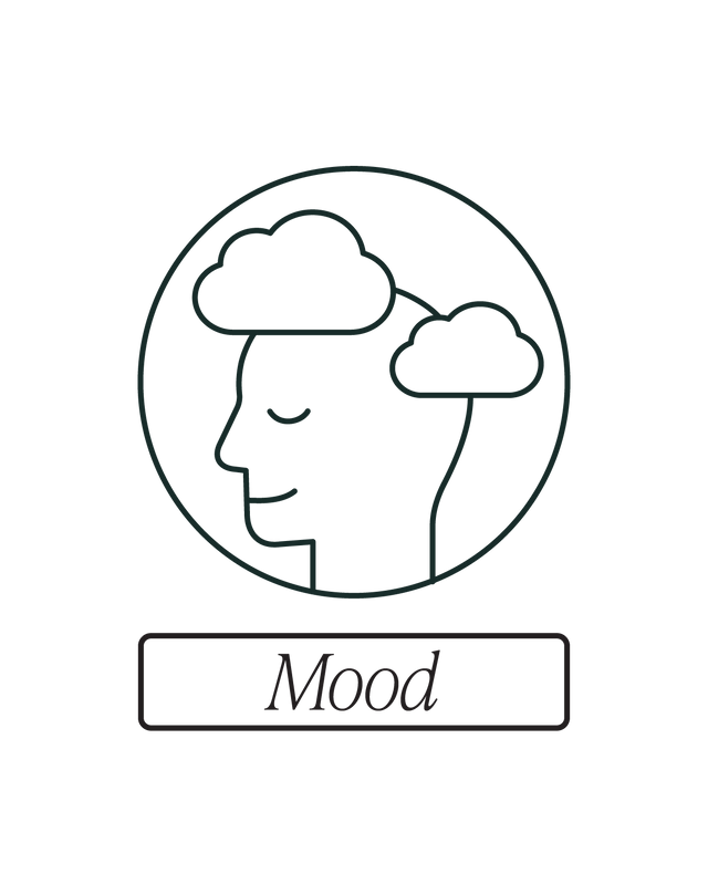 A simple line drawing of a smiling human head in profile, with two clouds above and inside the head, enclosed in a circle. Below the image is the word “Mood” in a rectangle.