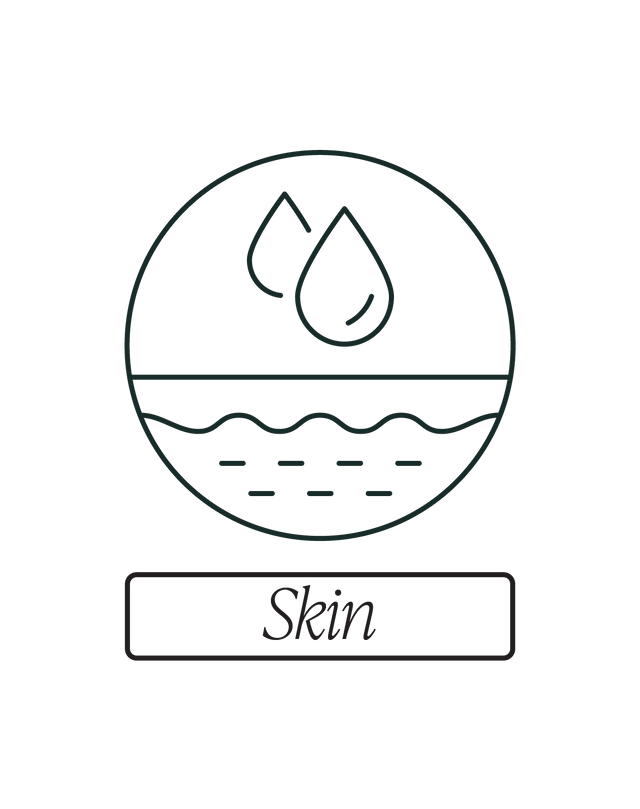 A simple line drawing of two water droplets above a wavy line inside a circle, symbolizing skin hydration, with the word Skin written below.
