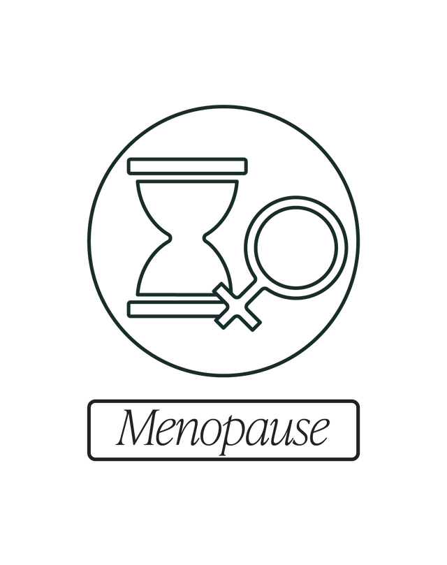 A simple line drawing of an hourglass and a female gender symbol inside a circle, with the word Menopause written below in a rectangular box.