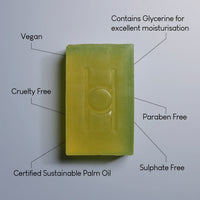 Avo Glow - Luxe Avocado Soap: vegan, cruelty free, made with certified sustainable palm oil, contains glycerine for top moisturisation, paraben and sulphate free—a green and yellow soap for your ultimate vegan glow.