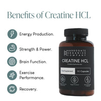 A brown bottle labeled "Creatine HCL Supplement - 1500mg Serving - 30 Day Supply - 90 Capsules" from Harrogate Organics Company is shown, with icons highlighting benefits: energy, strength, brain function, performance, and recovery.