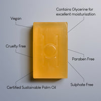 Lemon Grove - Luxe Soap is a rectangular orange vegan bar with six benefits: cruelty free, certified sustainable palm oil, contains glycerine for moisturisation, paraben free, sulphate free. Gentle on skin and the environment.