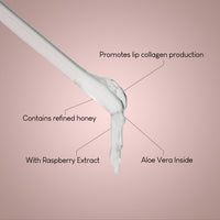 A close-up of Hydration Boost Lip Gel (10ml) dropper dispensing creamy white gel, with labels: Promotes lip collagen, Contains refined honey, Raspberry Extract & Aloe Vera, on a pink background for fuller, hydrated lips.
