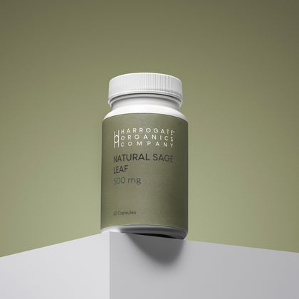 A bottle of Natural Sage Leaf Supplement 500mg - 60 Capsules, designed to support cognitive function, is shown on a white surface with an olive-green gradient background.
