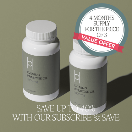 Multipack - Evening Primrose Oil (4 Month supply) bottles on a green surface, badge says 4 months for the price of 3. Support hormonal balance and skin health—save up to 40% with our Subscribe & Save offer.