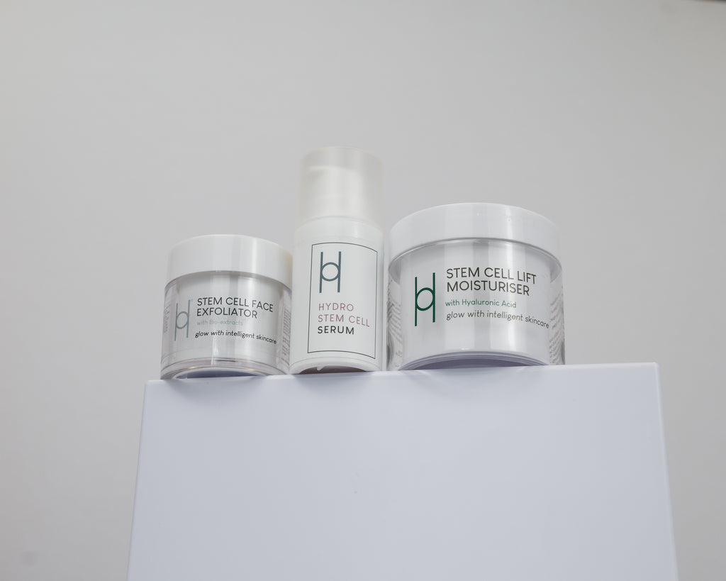 The Radiant Skin Set stands elegantly on a white platform against a minimalist background, showcasing its modern white packaging.