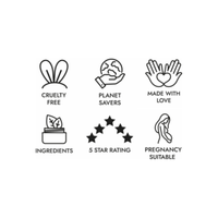 Six icons with captions for Multipack - Natural Ashwagandha (4 Month Supply): cruelty free (bunny ears), planet savers (hand holding Earth), made with love (hands and heart), Ashwagandha (plant), 5-star rating (five stars), pregnancy suitable (pregnant woman).