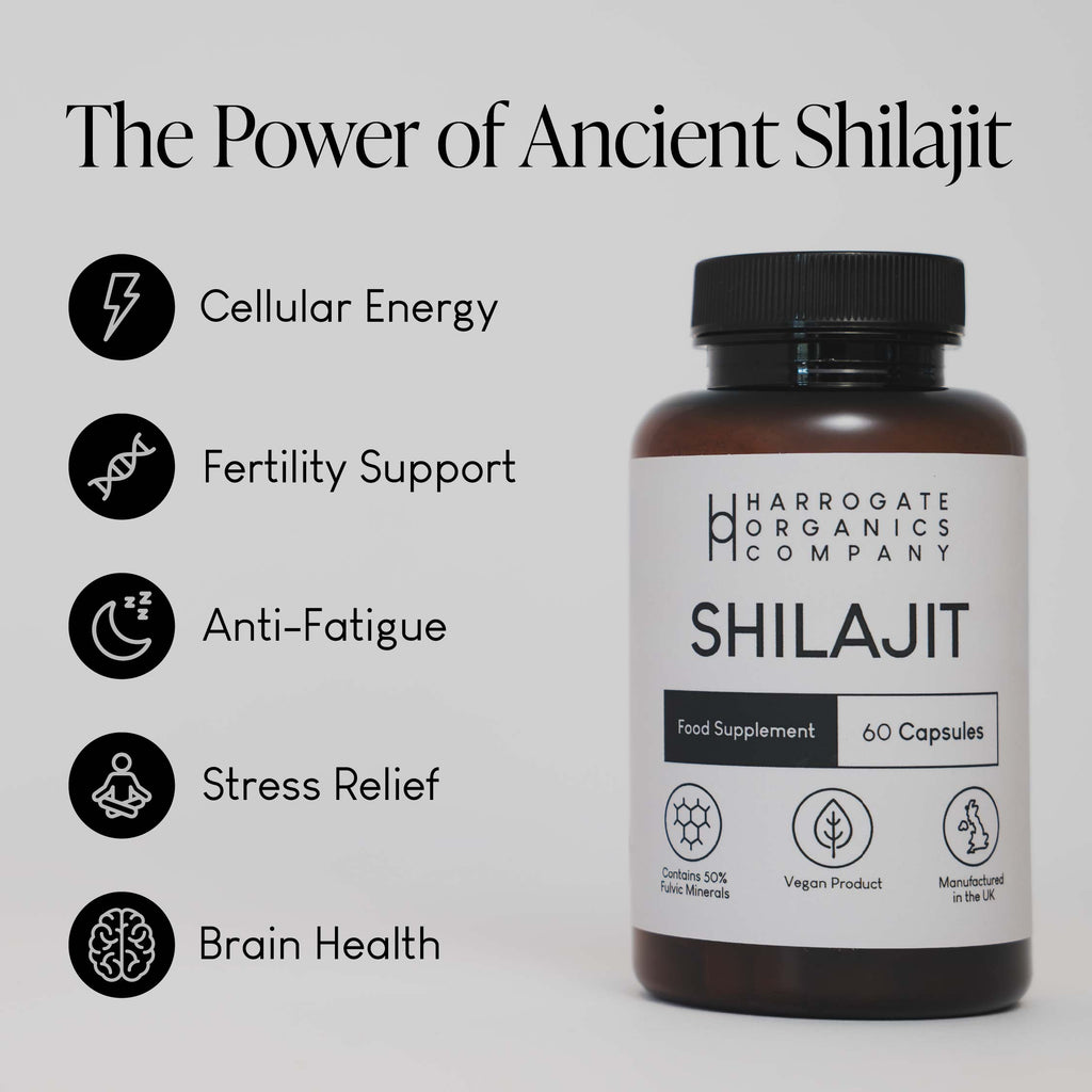 A bottle of Shilajit Supplement 500mg - 60 Capsules appears next to icons and text highlighting benefits: Cellular Energy, Fertility Support, Anti-Fatigue, Stress Relief, and Brain Health—all powered by this fulvic acid-rich adaptogen.