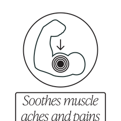 A simple line drawing of a flexed arm with a target and arrow pointing to the bicep, above text reading Soothes muscle aches and pains.