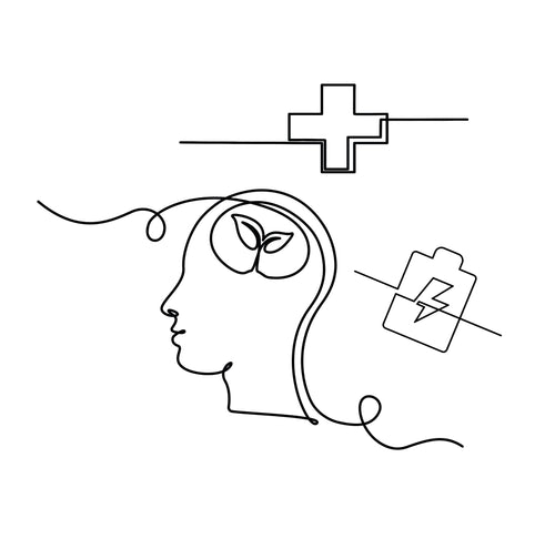 A minimalist line drawing shows a human head with leaves inside, a medical cross above, and a battery icon with a line through it, symbolizing mental health, healing, and low energy.