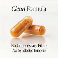 Two orange capsules sit on a white surface. Black text reads: Turmeric & Black Pepper Supplement—2500mg per serving, 60 capsules, 30-day supply. Clean formula with turmeric extract for cognitive support. No unnecessary fillers or synthetic binders.