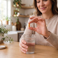 A woman sits at a kitchen table, smiling as she holds a glass of water and a Turmeric & Black Pepper Supplement—High Strength, 2500mg per serving, 30 day supply (60 capsules)—with plants and wooden shelves in the background.