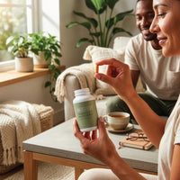 A woman holds a Turmeric & Black Pepper Supplement - High Strength 2500mg, sitting in a cozy living room with a man, plants nearby, and a coffee cup on the table. The bottle offers 60 capsules for a 30-day supply.
