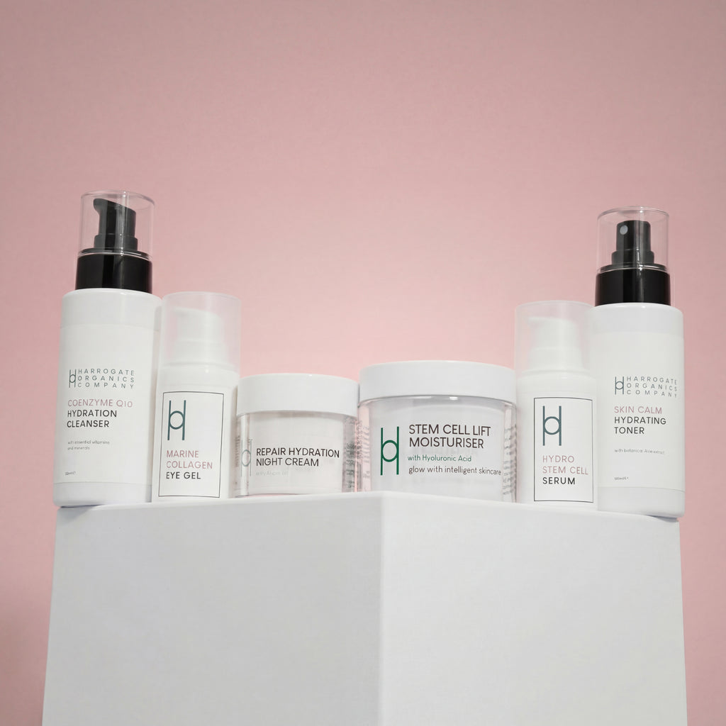 Six white bottles and jars with black text from the Ultimate Women's Skincare Routine are arranged on a white pedestal against a soft pink background, featuring cleanser, eye gel, creams, serum, toner, and a stem cell moisturizer.