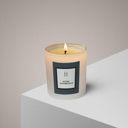 A lit Winter Wonderland Candle | Citrus Orange & Cedar | Limited Edition glows in a glass jar on a white surface. Its label features gray borders, the product name, and a minimal line logo; all set against a light gray background.