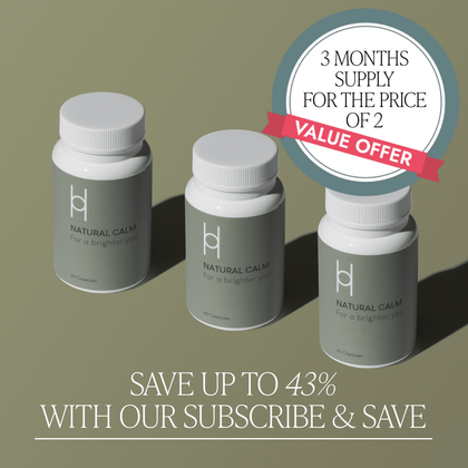 Three Multipack - Natural Calm bottles labeled "For a brighter you" sit on green. A badge reads "3 Month Supply for the Price of 2." Save up to 43% on a subscription for nervous system support.
