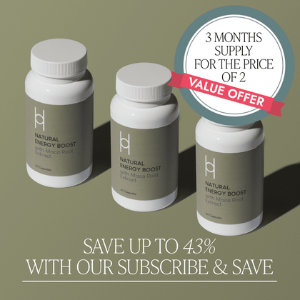Three bottles of Multipack - Natural Energy Boost (3 Month supply) are shown on a green surface. A round label states "3 months for the price of 2." Save up to 43% with subscribe & save—plus metabolism support benefits!.