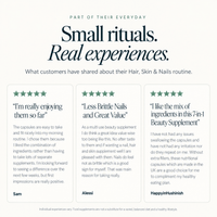 Three customer reviews for Hair, Skin & Nails Complex are displayed, each awarding a five-star rating. The reviews highlight benefits including easier-to-swallow capsules, stronger nails, and the thoughtfully selected ingredients like Biotin and Marine Collagen.
