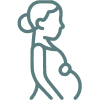 Simple line drawing of a pregnant woman in profile, holding her belly with one hand.