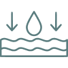 Simple line icon showing a water droplet and two arrows pointing down toward wavy lines, representing water absorption or waterproof material.
