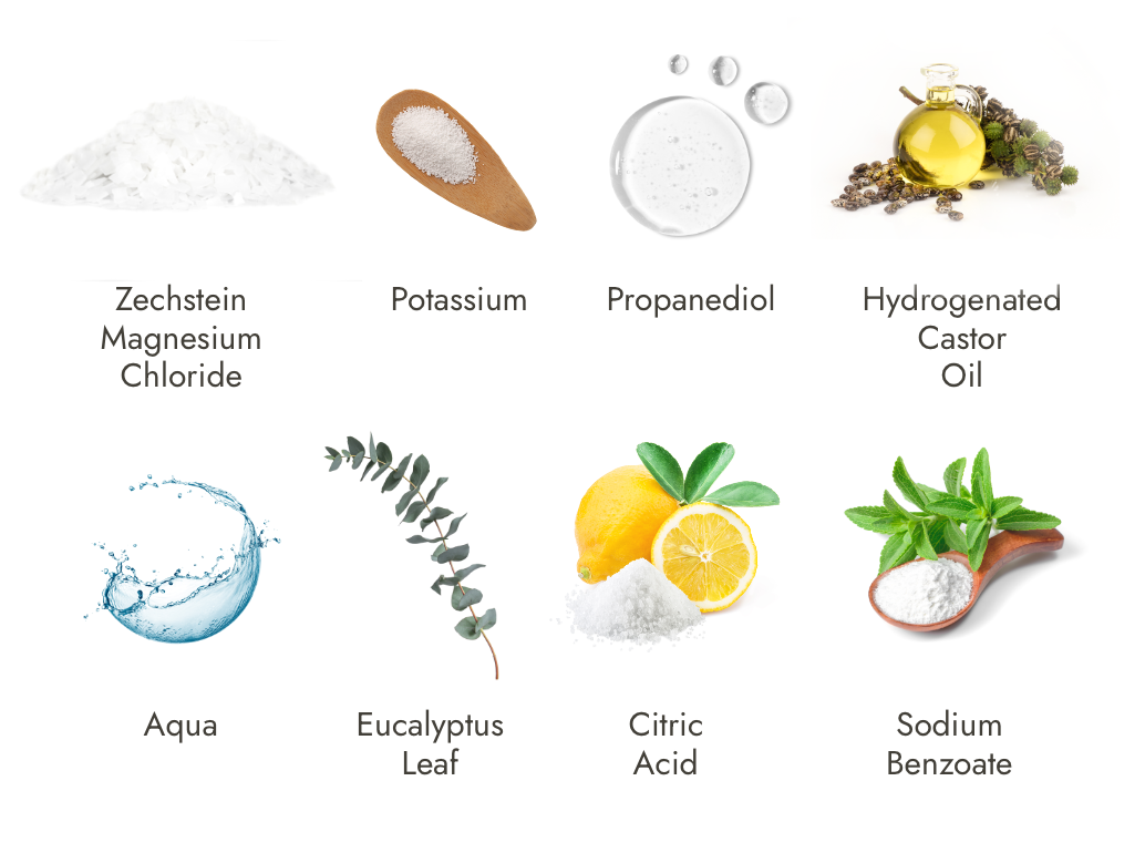 Images of ingredients displayed over a plain white background with the titles: 'Zechstein magnesium chloride,' 'Potassium,' 'Propanediol,' 'Hydrogenated castor oil,' 'Aqua,' 'Eucalyptus leaf,' 'Citric acid,' and 'Sodium benzoate,' each accompanied by an image of the corresponding ingredient.