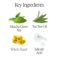 Four images of key ingredients in Flawless Blemish Control Spray: Matcha Green Tea (green powder), Tea Tree Oil (leaves), Witch Hazel (yellow flowers), Salicylic Acid (clear liquid with dropper).