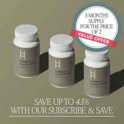 Three bottles of Multipack - Turmeric & Black Pepper - High Strength (3 Month Supply) on a green background. Circular label: 3 months for the price of 2, value offer. Save up to 43% with subscribe & save. Boosts curcumin absorption.