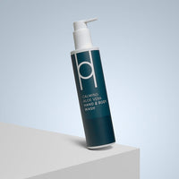 A dark teal bottle with a white pump labeled "Aloe Vera Hand & Body Wash | Gentle Natural Cleanser | 250ml" stands on a white surface against a gradient light blue background.