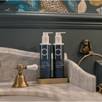 Two blue bottles of soothing Aloe Vera Hand & Body Cream sit on a marble sink by a brass faucet, against a decorative wall with floral and animal designs—ideal for sensitive skin.