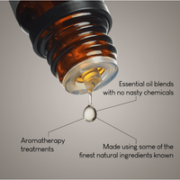 A close-up of an amber glass dropper bottle dispensing oil, with text: “Peace Essential Oil Blend | Mandarin & Jasmine | 10ml,” “Calming aromatherapy,” and “Vegan-friendly, made with the finest natural ingredients.”.