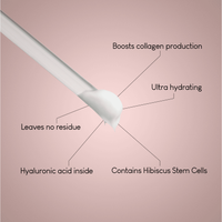 On a light pink background, Stem Cell Lift: Hyaluronic Acid Face Cream is shown with lines highlighting: Boosts collagen, Ultra-hydrating, Contains hibiscus stem cells, Hyaluronic acid, and Leaves no residue.