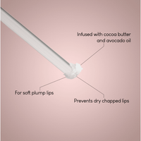 A natural Lip Conditioning Balm with Peppermint, featuring white balm and text: Infused with cocoa butter and avocado oil, for soft, plump lips, and prevents chapped lips. Pink background.