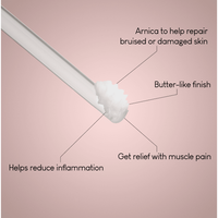 The Magnesium Spray 150ml & Rescue Balm Bundle features a cotton swab with creamy, white balm. Arnica helps repair skin, offers muscle pain relief, reduces inflammation, and leaves a buttery finish—all set against a pink gradient background.