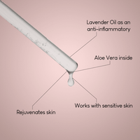A dropper releases Skin Calm Hydrating Toner onto a soft pink background, with labeled lines pointing to text: Anti-inflammatory, Contains Aloe Vera, Natural toner for sensitive skin, and Rejuvenates skin.