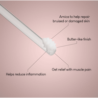 A close-up of the Turmeric & Black Pepper Supplement + Rescue Balm Bundle with labeled text: “Helps repair skin,” “Butter-like Rescue Balm,” “Reduces inflammation,” and “Relieves muscle pain” on a pink background.